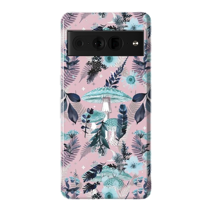 Pixel 7 Pro StrongFit Whimsical mushrooms - blue pink mushrooms and forest leaves by Oana 