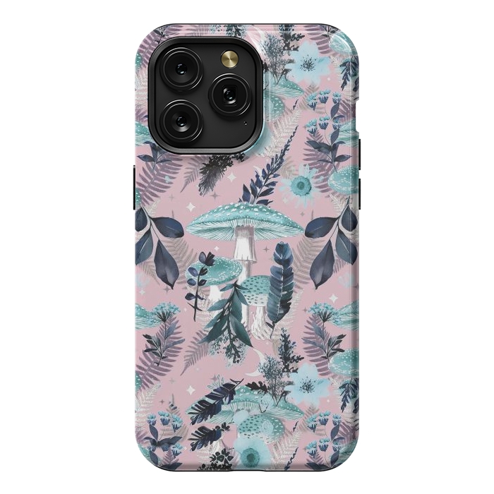 iPhone 15 Pro Max StrongFit Whimsical mushrooms - blue pink mushrooms and forest leaves by Oana 