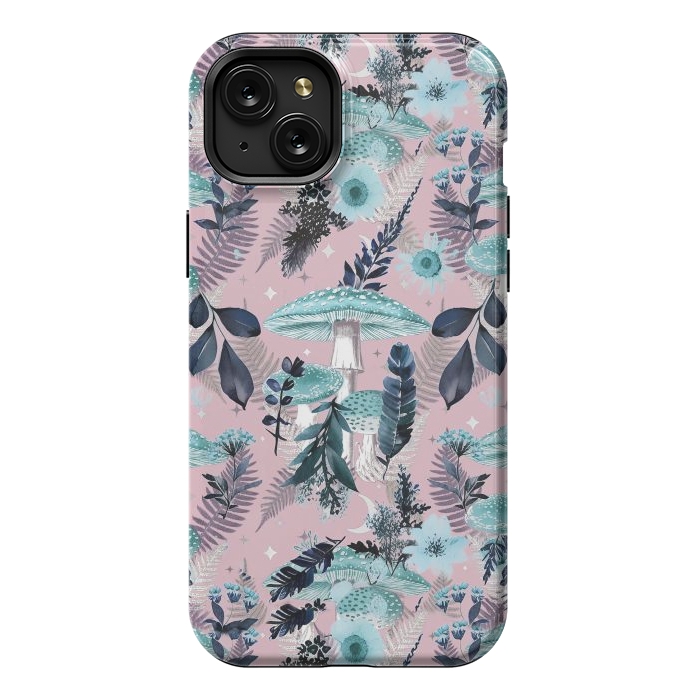 iPhone 15 Plus StrongFit Whimsical mushrooms - blue pink mushrooms and forest leaves by Oana 