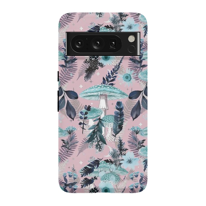 Pixel 8 Pro StrongFit Whimsical mushrooms - blue pink mushrooms and forest leaves by Oana 