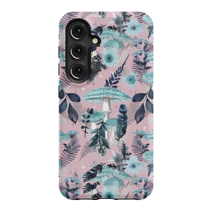 Galaxy S24 StrongFit Whimsical mushrooms - blue pink mushrooms and forest leaves by Oana 