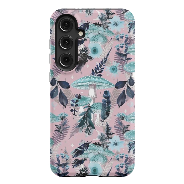 Galaxy S24 Plus StrongFit Whimsical mushrooms - blue pink mushrooms and forest leaves by Oana 