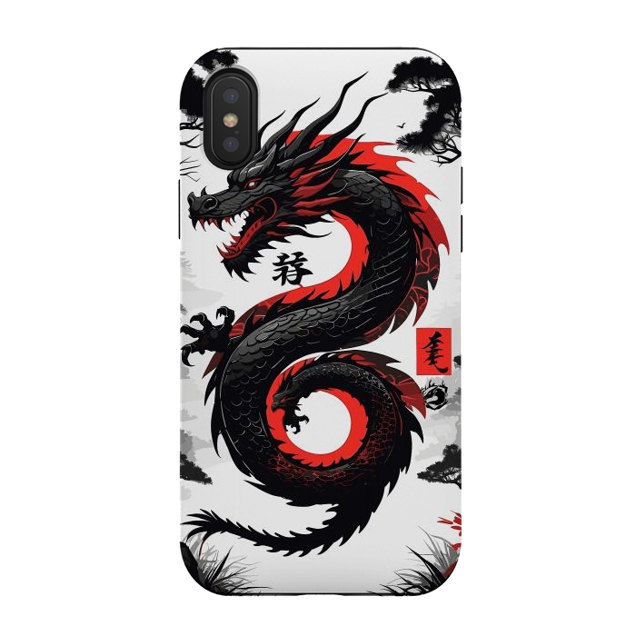 iPhone Xs / X StrongFit Red and Black Japanese Dragon by LM2Kone