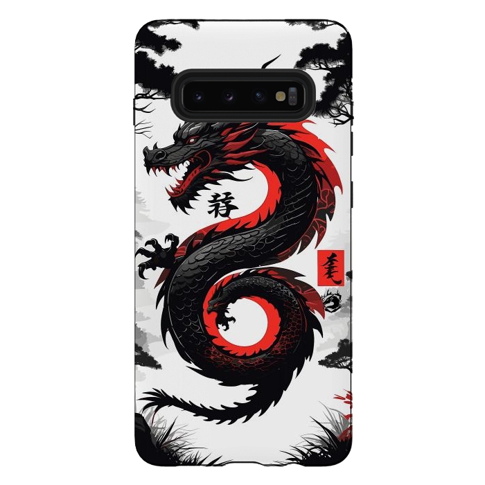 Galaxy S10 plus StrongFit Red and Black Japanese Dragon by LM2Kone