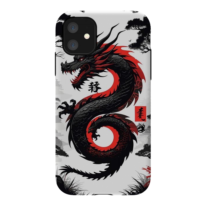 iPhone 11 StrongFit Red and Black Japanese Dragon by LM2Kone