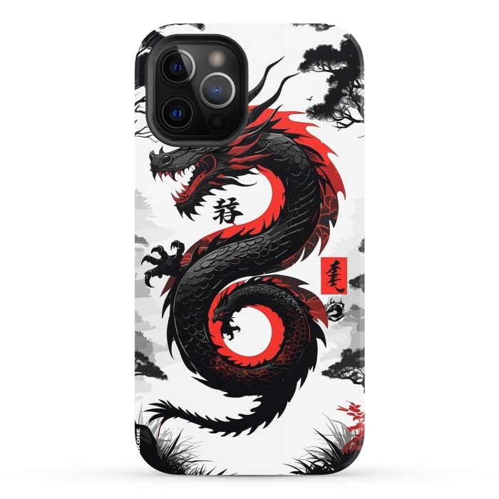 iPhone 12 Pro Max StrongFit Red and Black Japanese Dragon by LM2Kone