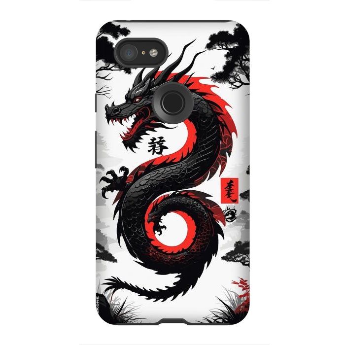 Pixel 3XL StrongFit Red and Black Japanese Dragon by LM2Kone