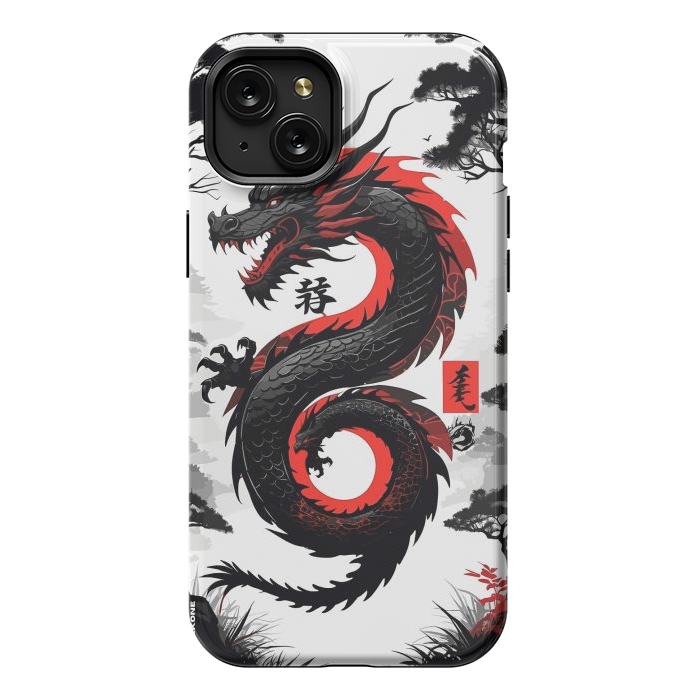 iPhone 15 Plus StrongFit Red and Black Japanese Dragon by LM2Kone