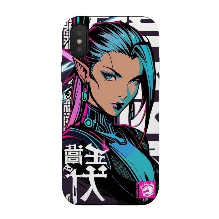 iPhone Xs / X StrongFit Cyberpunk Neon Woman by LM2Kone