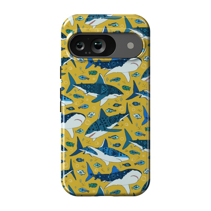 Pixel 9 StrongFit Tribal Sharks & Fish On Mustard by Tigatiga