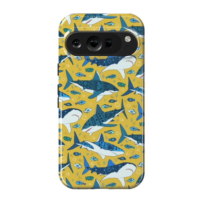 Pixel 9 pro StrongFit Tribal Sharks & Fish On Mustard by Tigatiga