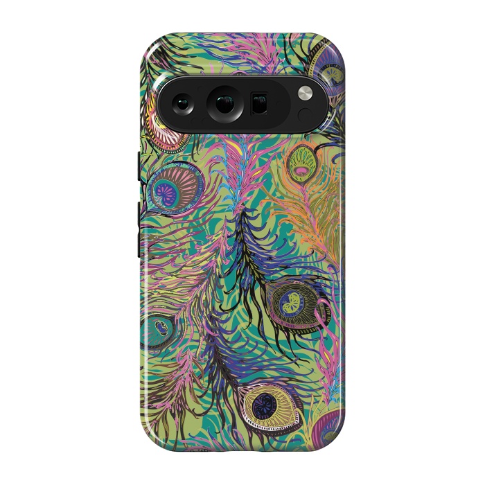 Pixel 9 pro StrongFit Peacock Feathers in Lime Green & Pink by Lotti Brown