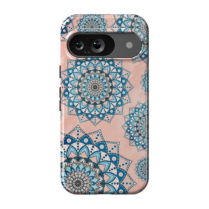 Pixel 9 StrongFit Blue peach mandala flowers by Jms