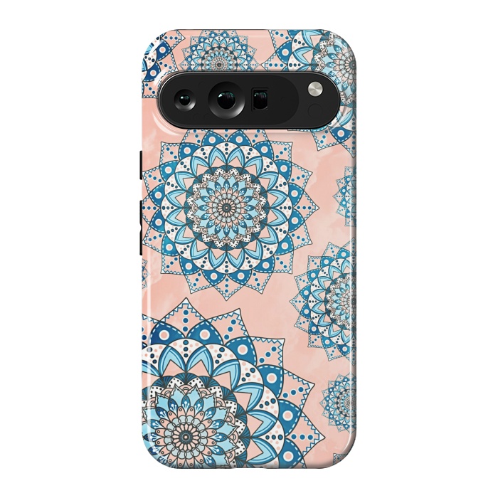 Pixel 9 Pro XL StrongFit Blue peach mandala flowers by Jms