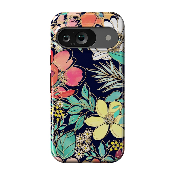 Pixel 9 StrongFit Cute girly pink floral golden strokes design by InovArts