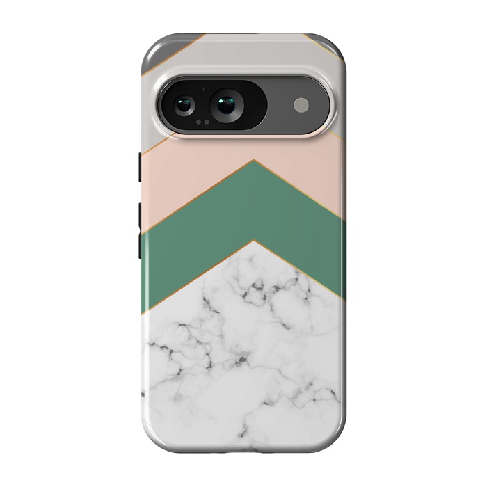 Pixel 9 StrongFit Green Rose and Gray Marble Geometric Design with gold lines by ArtsCase