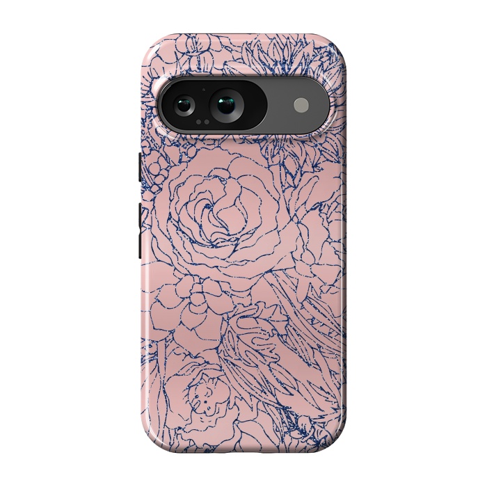 Pixel 9 StrongFit Stylish Metallic Navy Blue and Pink Floral Design by InovArts