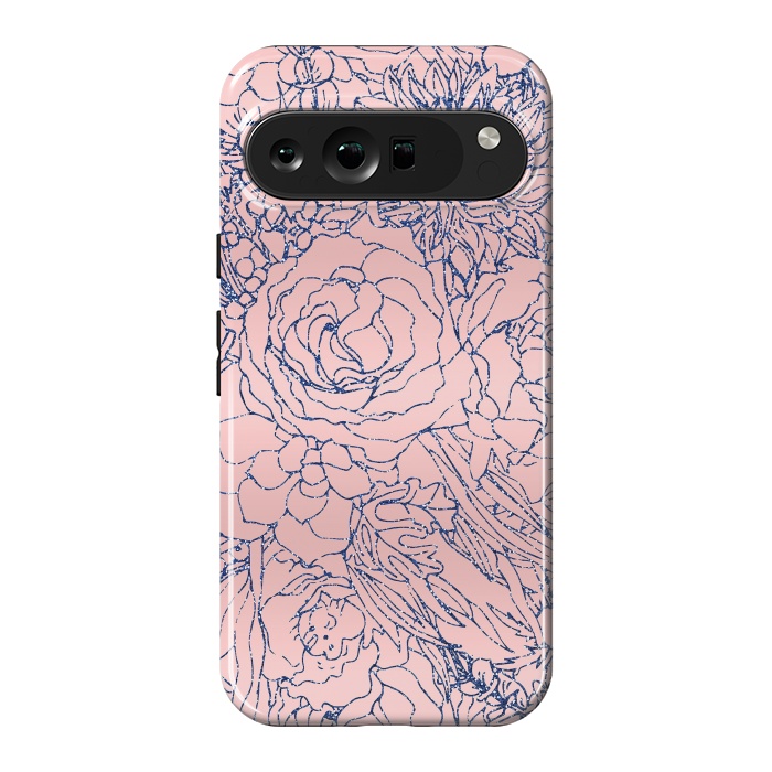 Pixel 9 Pro XL StrongFit Stylish Metallic Navy Blue and Pink Floral Design by InovArts