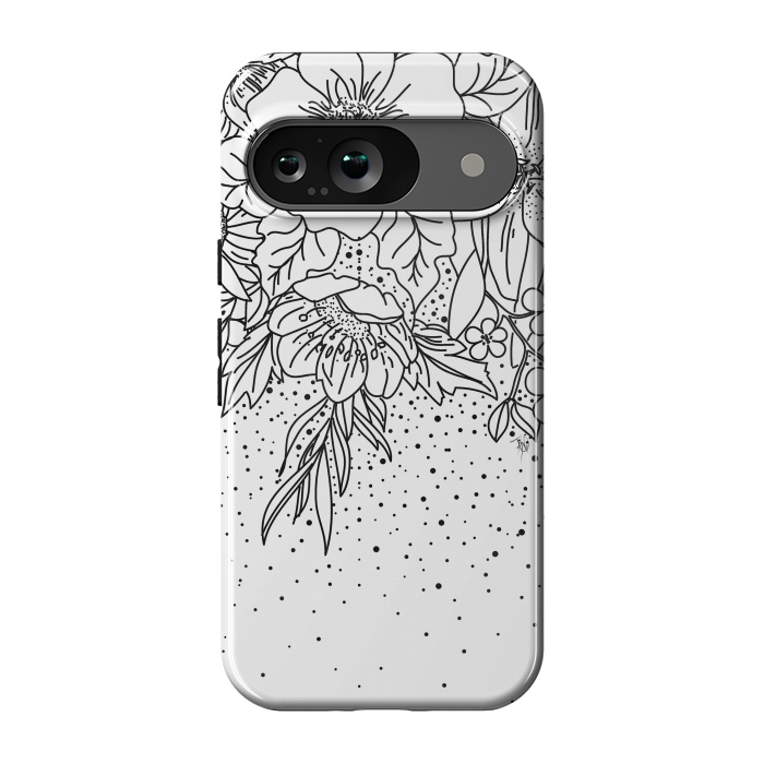 Pixel 9 StrongFit Cute Black White floral doodles and confetti design by InovArts