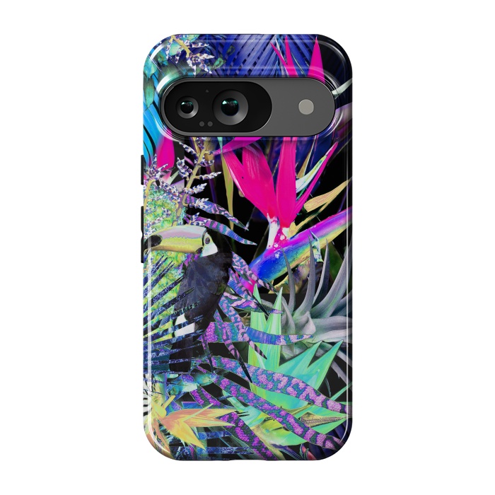 Pixel 9 StrongFit Colorful neon toucan and strelitzia jungle pattern by Oana 