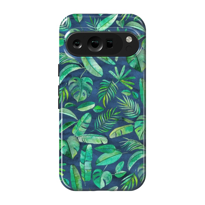 Pixel 9 pro StrongFit Emerald Tropical Leaf Scatter on textured Navy Blue by Micklyn Le Feuvre