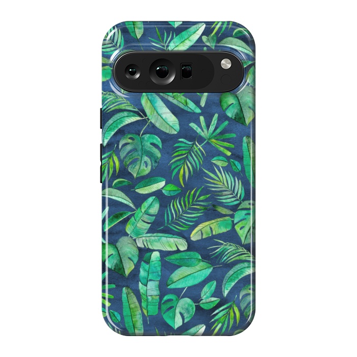 Pixel 9 Pro XL StrongFit Emerald Tropical Leaf Scatter on textured Navy Blue by Micklyn Le Feuvre