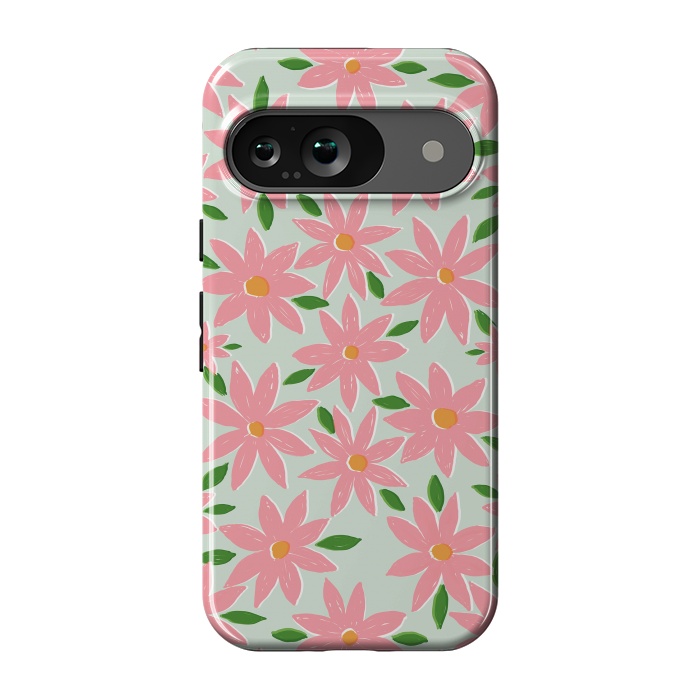 Pixel 9 StrongFit Pretty Hand Paint Pink Daisy Flowers Mint Design by InovArts