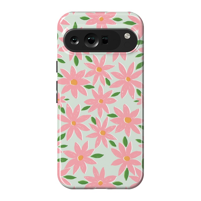 Pixel 9 Pro XL StrongFit Pretty Hand Paint Pink Daisy Flowers Mint Design by InovArts