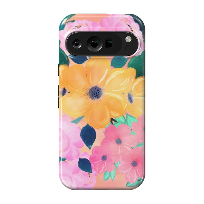 Pixel 9 pro StrongFit Trendy Pink Peonies Yellow Sunflowers Watercolor paint by InovArts