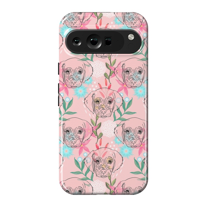 Pixel 9 Pro XL StrongFit Cute Puppy Dog and Flowers Pink Creative Art by InovArts