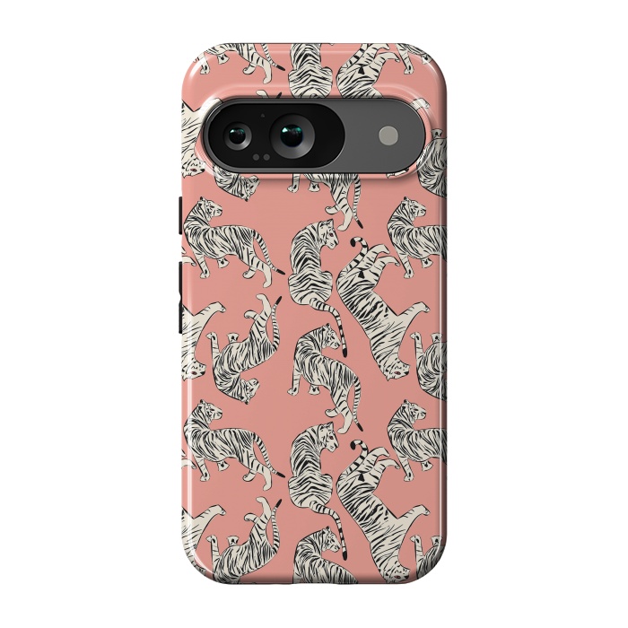 Pixel 9 StrongFit Tiger pattern, white on pink, 006 by Jelena Obradovic