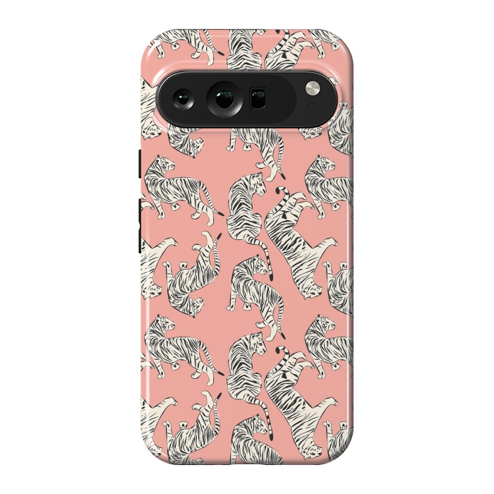 Pixel 9 Pro XL StrongFit Tiger pattern, white on pink, 006 by Jelena Obradovic