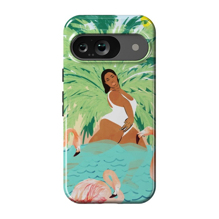 Pixel 9 StrongFit Tropical Summer Water Yoga with Palm & Flamingos | Woman of Color Black Woman Body Positivity by Uma Prabhakar Gokhale