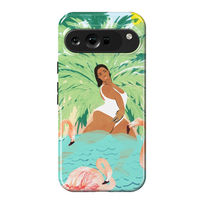 Pixel 9 Pro XL StrongFit Tropical Summer Water Yoga with Palm & Flamingos | Woman of Color Black Woman Body Positivity by Uma Prabhakar Gokhale