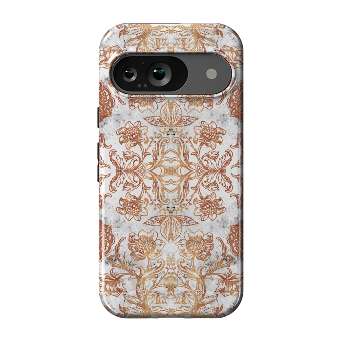 Pixel 9 StrongFit Elegant golden line art flowers on white marble by Oana 