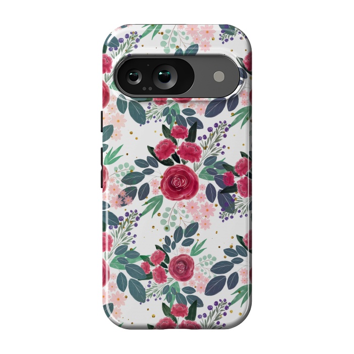 Pixel 9 StrongFit Cute Rose Pink Peonies Watercolor Paint Gold Dots Design by InovArts