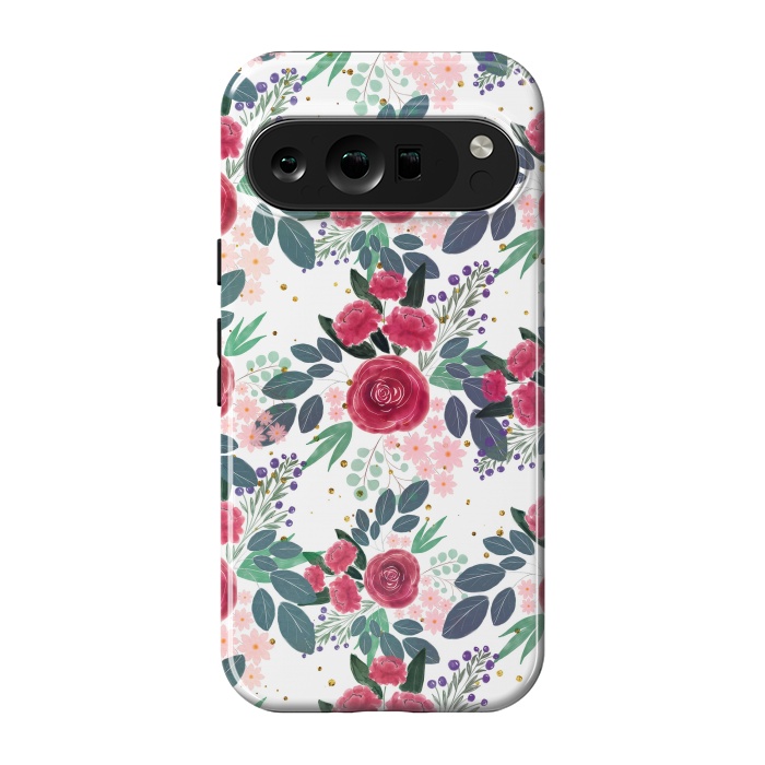 Pixel 9 pro StrongFit Cute Rose Pink Peonies Watercolor Paint Gold Dots Design by InovArts