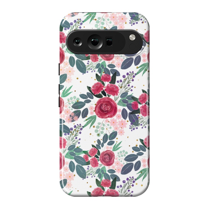 Pixel 9 Pro XL StrongFit Cute Rose Pink Peonies Watercolor Paint Gold Dots Design by InovArts