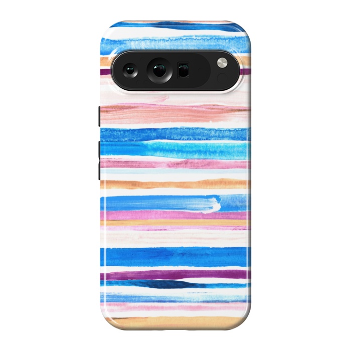 Pixel 9 Pro XL StrongFit Pastel Pink, Plum and Cobalt Blue Gouache Stripes by Micklyn Le Feuvre