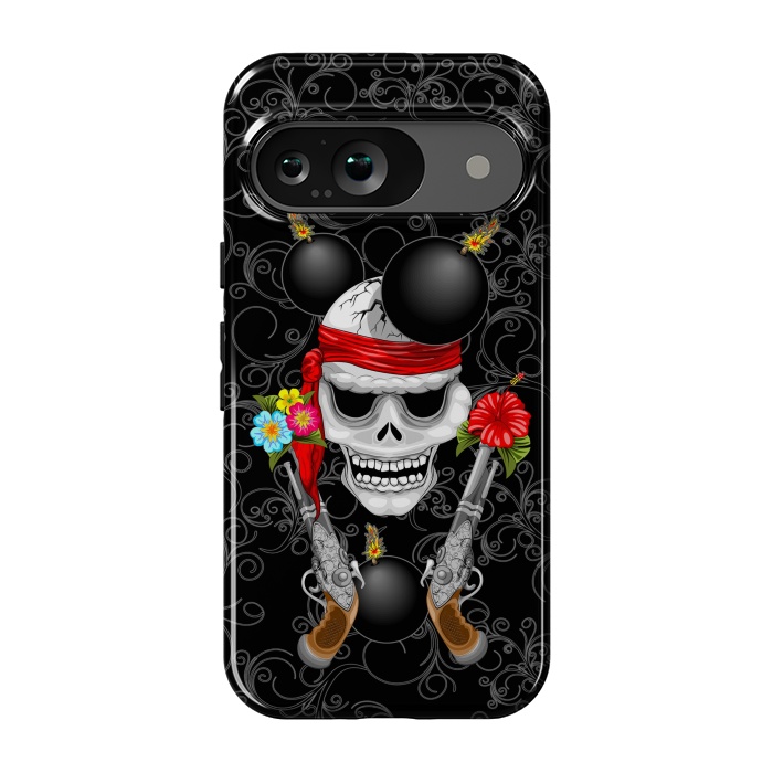 Pixel 9 StrongFit Pirate Skull, Ancient Guns, Flowers and Cannonballs by BluedarkArt