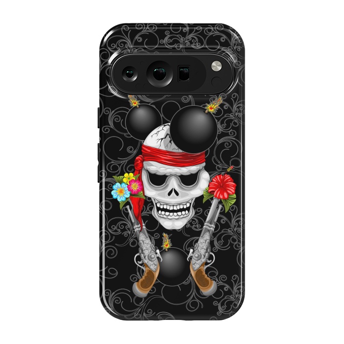 Pixel 9 pro StrongFit Pirate Skull, Ancient Guns, Flowers and Cannonballs by BluedarkArt