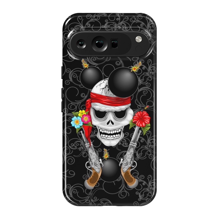 Pixel 9 Pro XL StrongFit Pirate Skull, Ancient Guns, Flowers and Cannonballs by BluedarkArt