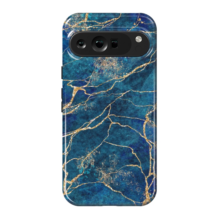 Pixel 9 Pro XL StrongFit Blue Marble with Gold Glitter Veins Fake Stone Texture by ArtsCase