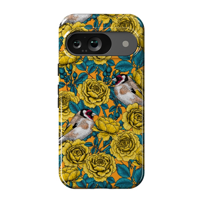 Pixel 9 StrongFit Rose flowers and goldfinch birds by Katerina Kirilova