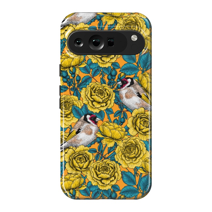 Pixel 9 Pro XL StrongFit Rose flowers and goldfinch birds by Katerina Kirilova