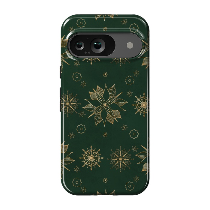 Pixel 9 StrongFit Elegant Gold Green Poinsettias Snowflakes Winter Design by InovArts