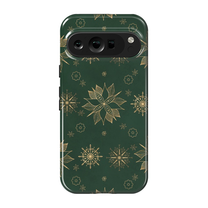 Pixel 9 pro StrongFit Elegant Gold Green Poinsettias Snowflakes Winter Design by InovArts