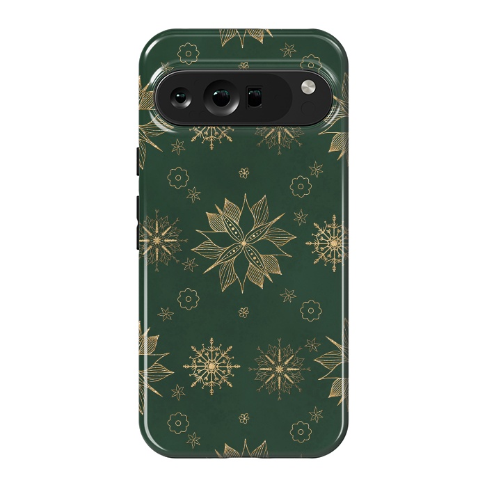 Pixel 9 Pro XL StrongFit Elegant Gold Green Poinsettias Snowflakes Winter Design by InovArts