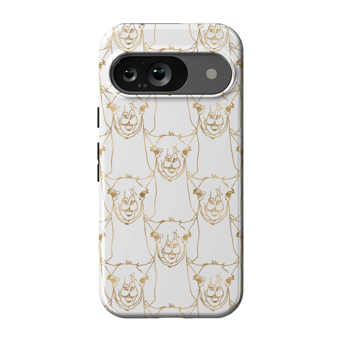 Pixel 9 StrongFit Cute Gold Strokes Llama Animal White Pattern by InovArts