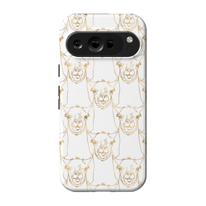 Pixel 9 pro StrongFit Cute Gold Strokes Llama Animal White Pattern by InovArts